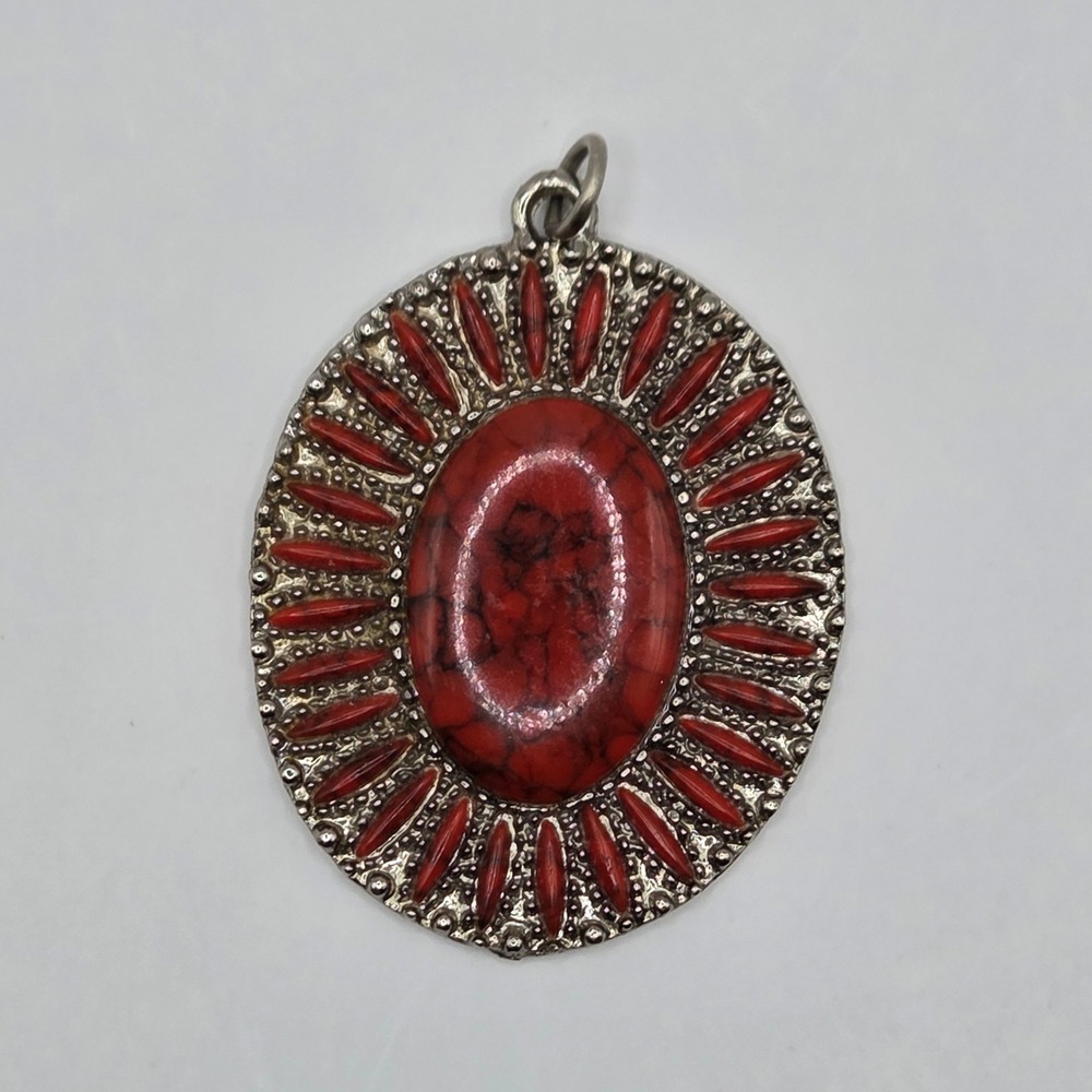 Red Dyed Howlite Oval Statement Pendant 2" x 1.5" Silver Tone Boho